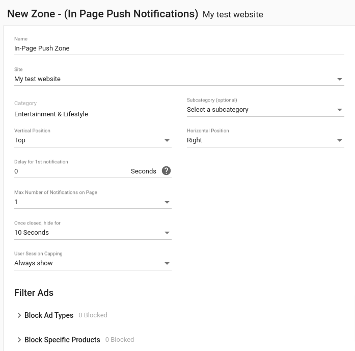 In-Page Push Settings