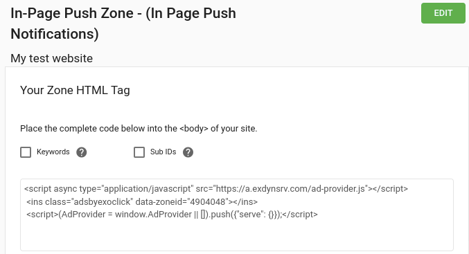 In-Page Push Code