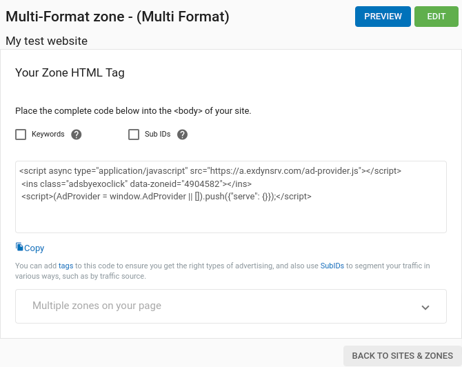 Multi-format ad zone code