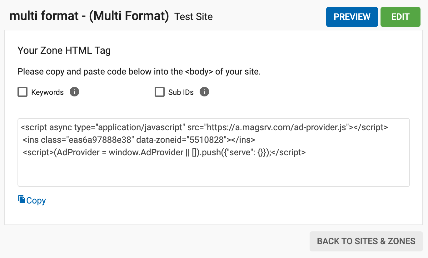 Multi-format ad zone code